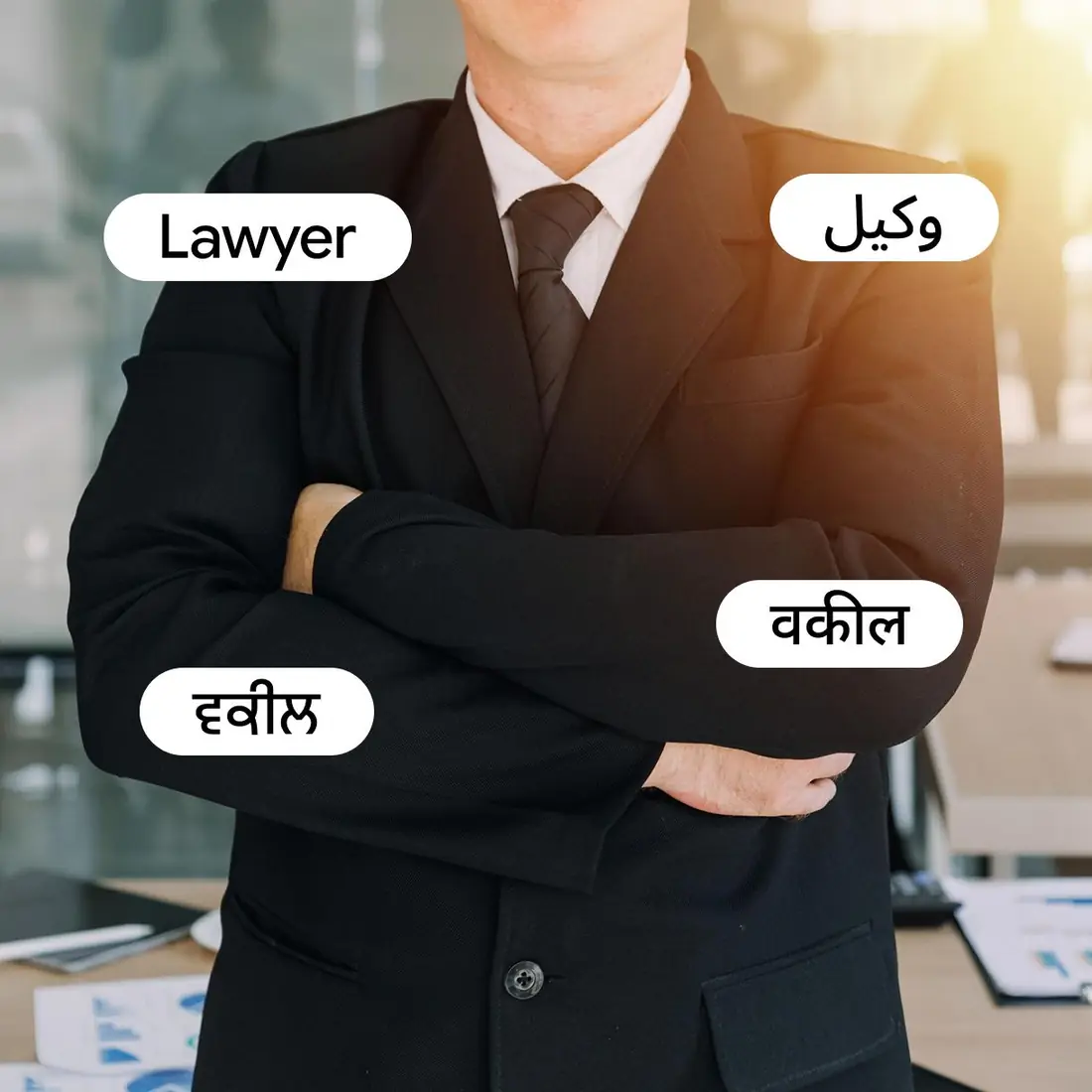 Lawyer with labels reading lawyer in English, Urdu, Hindi and Punjabi